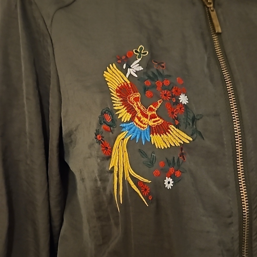 VTG JANINA Olive Embroidered Phoenix Bird Blouson Bomber Festival Jacket - Picture 4 of 8